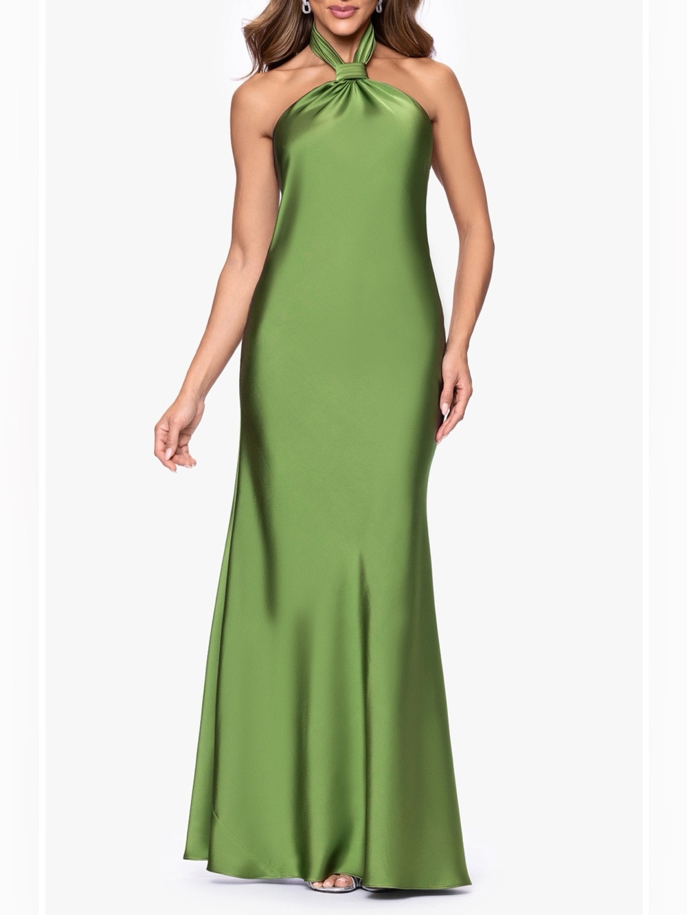 Betsy & Adam Moss Green Halter Satin Maxi Dress